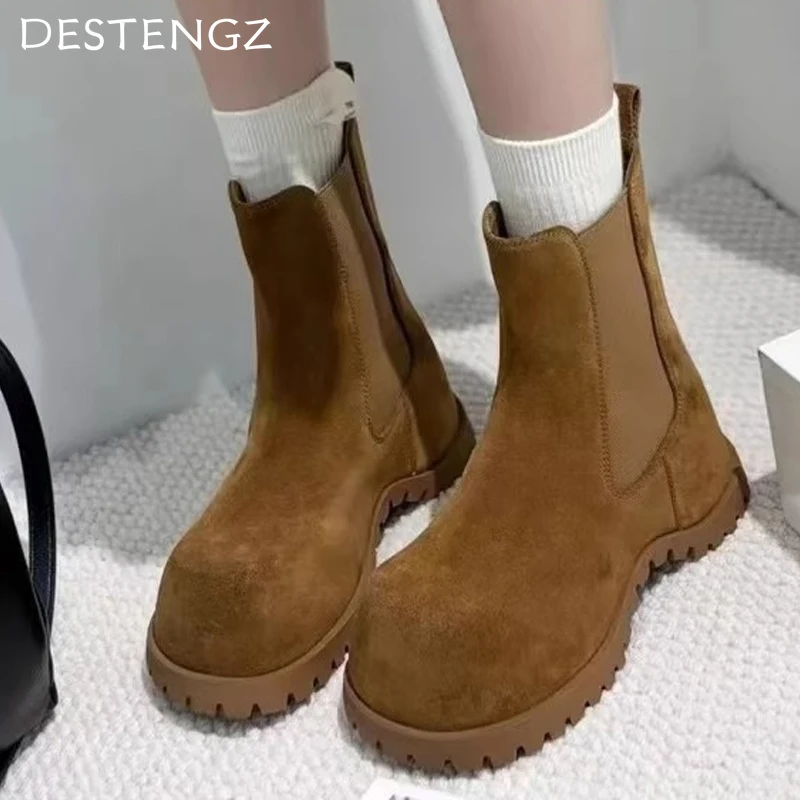 Замшевые женские ботильоны на плоской подошве модная повседневная обувь зимние