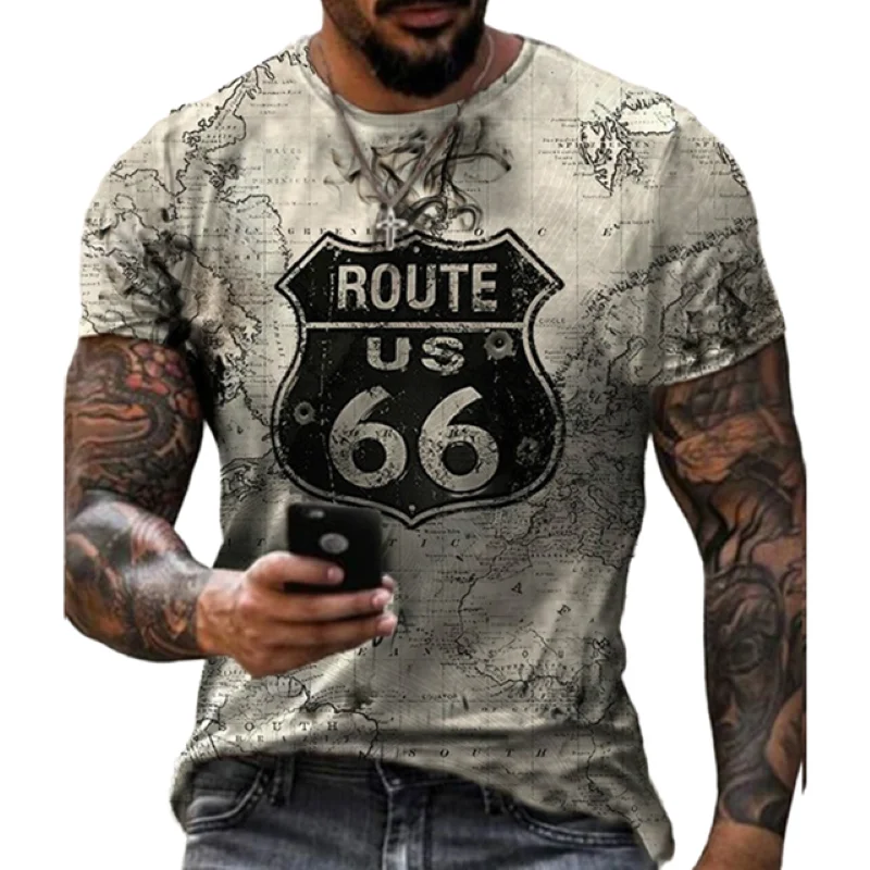 

Summer Mens T Shirts Oversized Vintage Short-sleeve Fashion America Route 66 Letters Printed O-Collar Tshirt Men Cool Tee/Tops