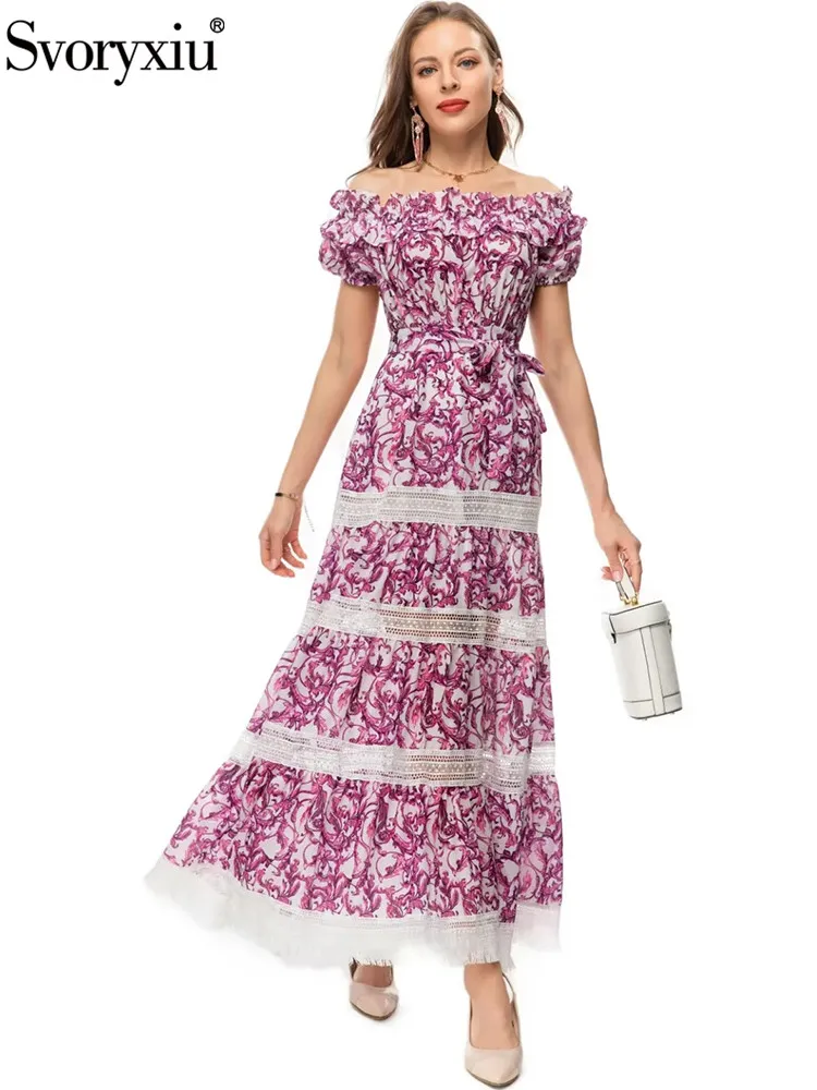 

Svoryxiu New Summer Fashion Designer Geometric Print Party Long Dress Women's Sexy Strapless Belt Hollow Out Tassel Hem Dresses