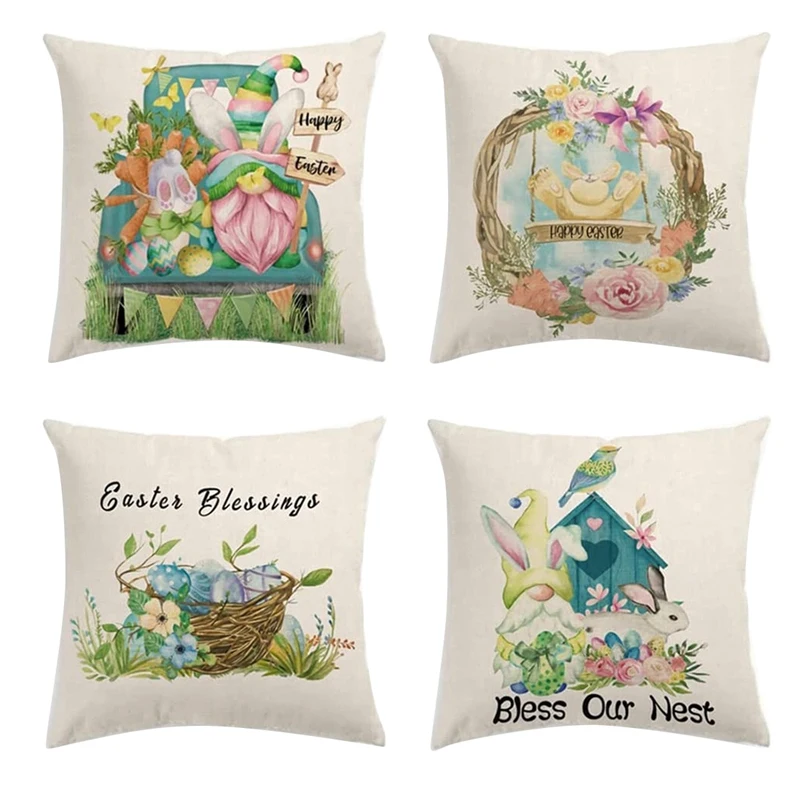 

4Pcs Easter Pillow Cover 18X18 Inch, Happy Easter Spring Decor Bunny Carrot Egg Truck Linen Pillowcase Home Decor