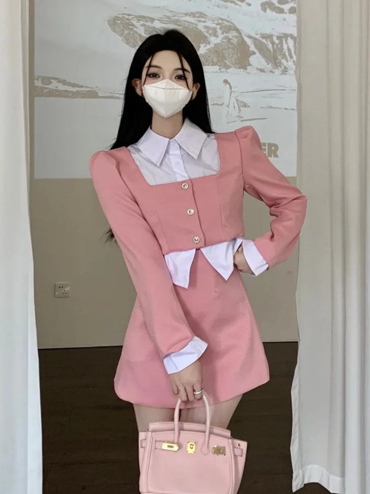 

Женский костюм из двух предметов, офисный костюм в Корейском стиле, лоскутный пиджак, укороченный топ и мини-юбка, костюм из двух предметов