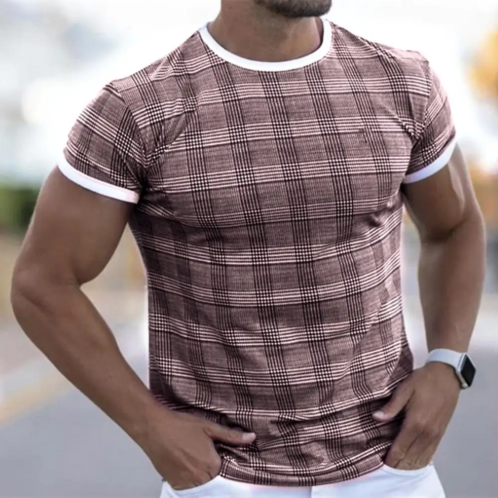 

Летняя мужская футболка в клетку, Мужская быстросохнущая футболка с коротким рукавом для мужчин, Повседневная футболка с круглым вырезом, ф...