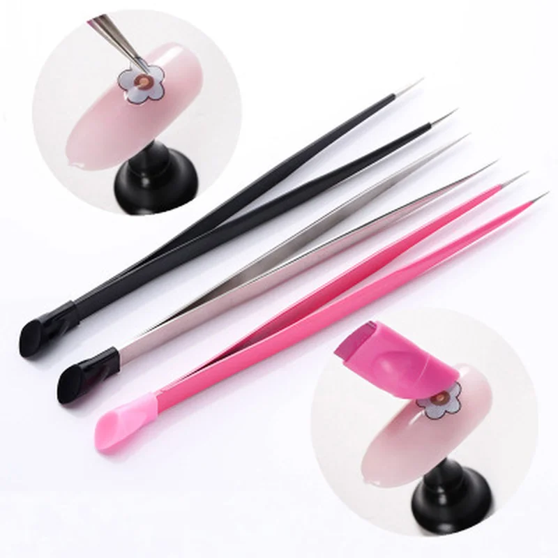 

Sdotter 1Pc 2 heads Straight Nail Tweezers with Silicone Pressing Head for 3D Sticker Rhinestones Water Sticker Picker Metal Nai