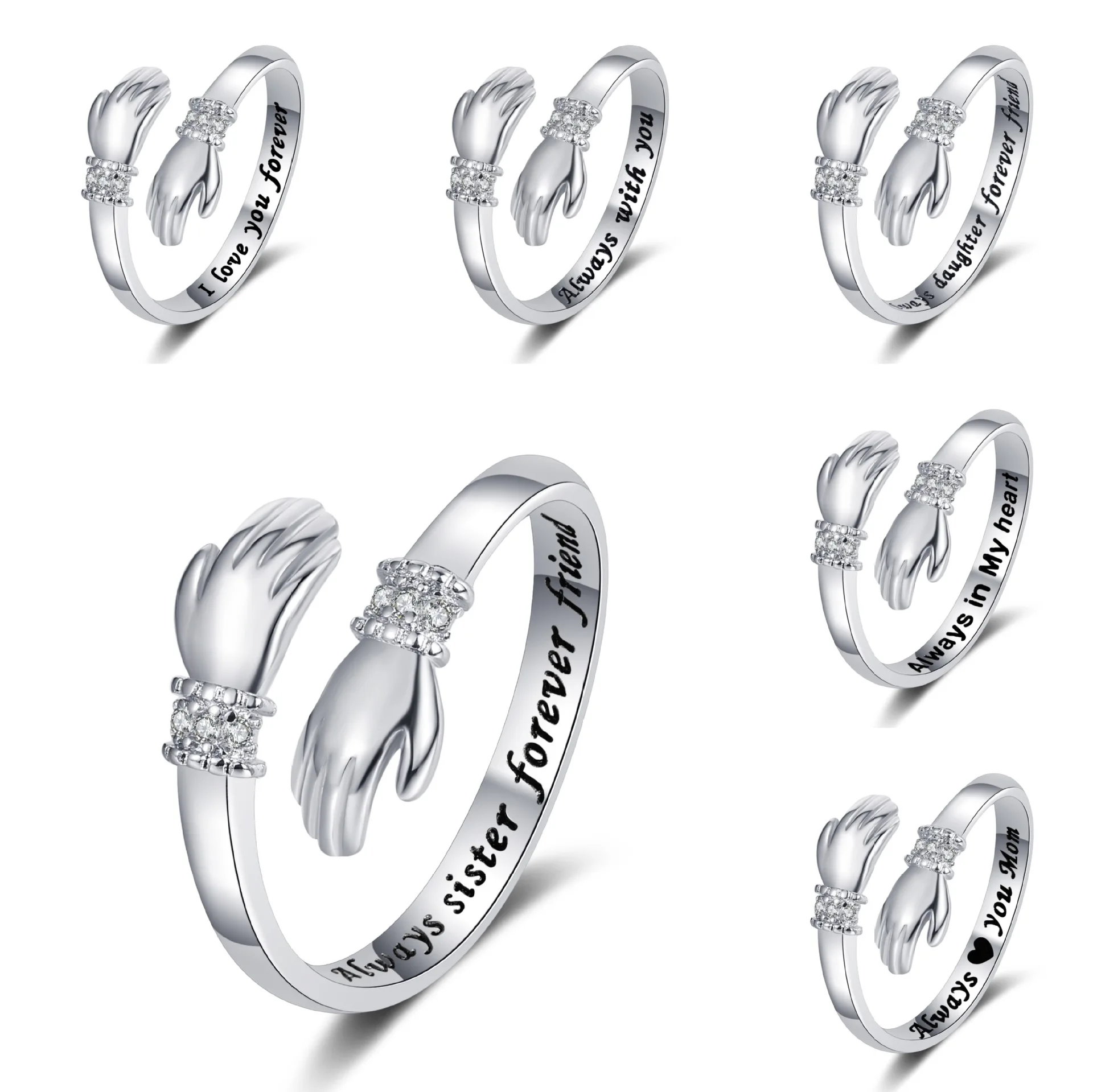 

Romantic Love Hug Hands Rings for Women Girls Silver Color Zircon Love Forever Letter Adjustable Couple Ring Exquisite Jewelry