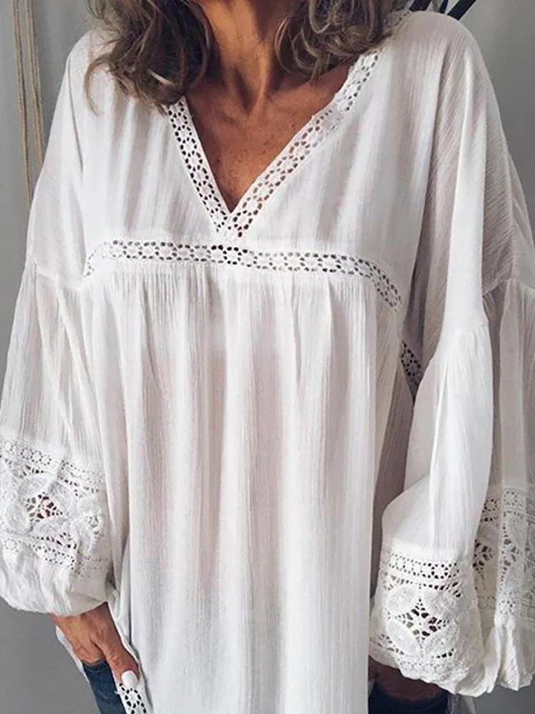 

Office Casual Long Sleeved Pullover Tops Blusas Elegant V NeckLace Hollow Out Blouse 2022 Spring Summer Sexy Loose Solid Shirts