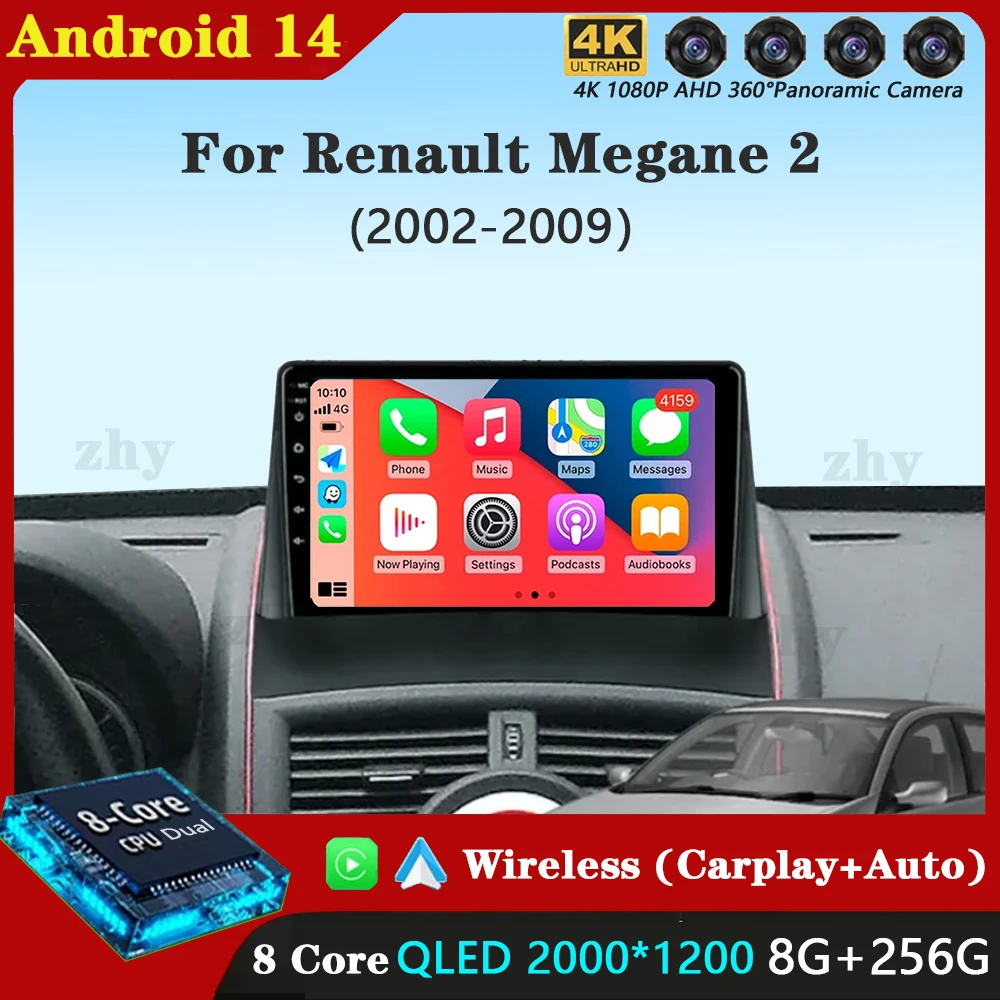 Android 14 Carplay Auto WIFI + 4G Автомобильное радио для Renault Megane 2 2002-2009 Мультимедийный