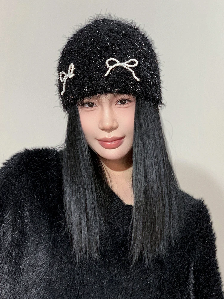 Плюшевая шапочка с жемчужными бантами детская осенне-зимняя универсальная