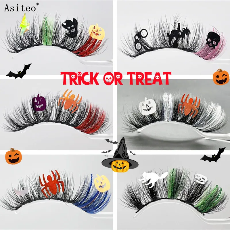 

Asiteo 3D Mink Colored Eyelashes Vegan Soft Fluffy Halloween Cosplay Glitter Lashes Fluorescence Exaggerated Pumpkin Ghost Lash