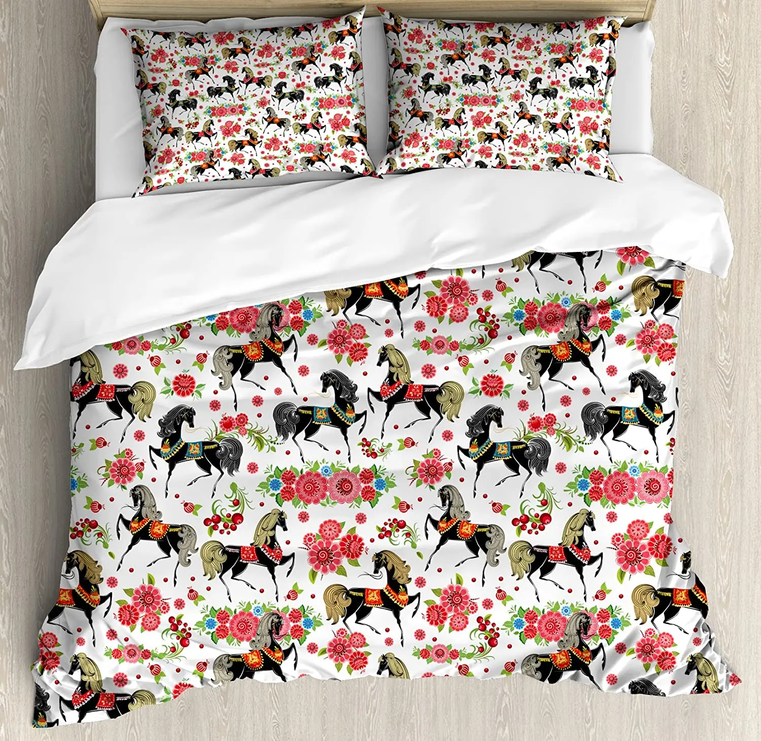 

Horses Bedding Set For Bedroom Bed Home Abstract Floral Arrangement and Silver Dapple Sta Duvet Cover Quilt Cover And Pillowcase