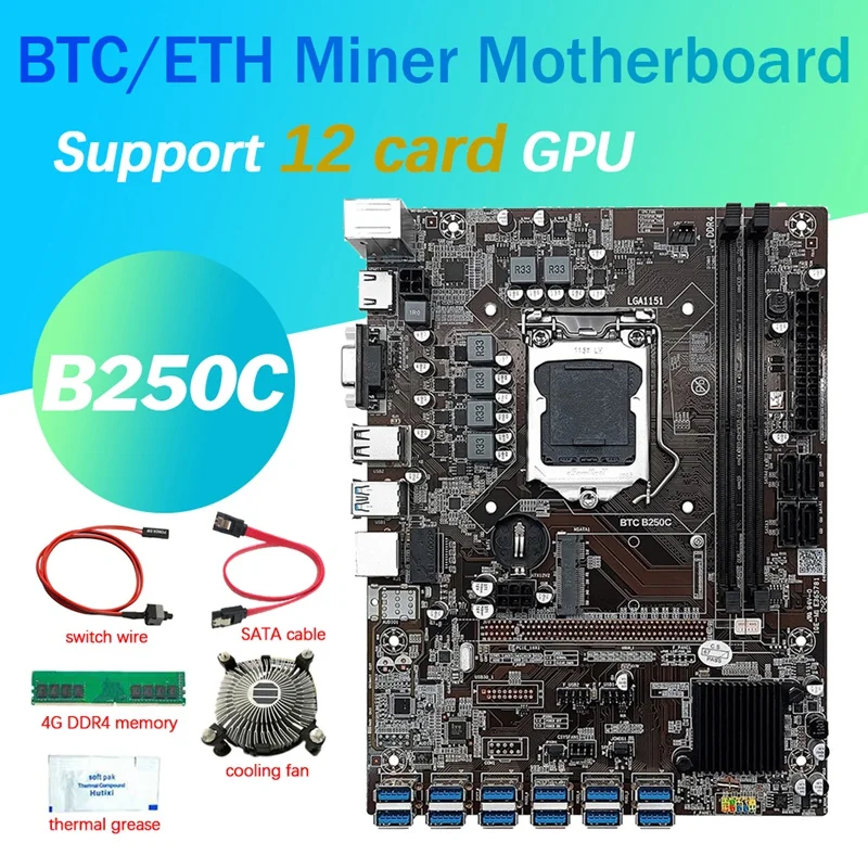 B250C 12 Card BTC Mining Motherboard+CPU Fan+Thermal Grease+4G DDR4 RAM+SATA+Switch Cable 12 USB3.0 LGA1151 DDR4 MSATA