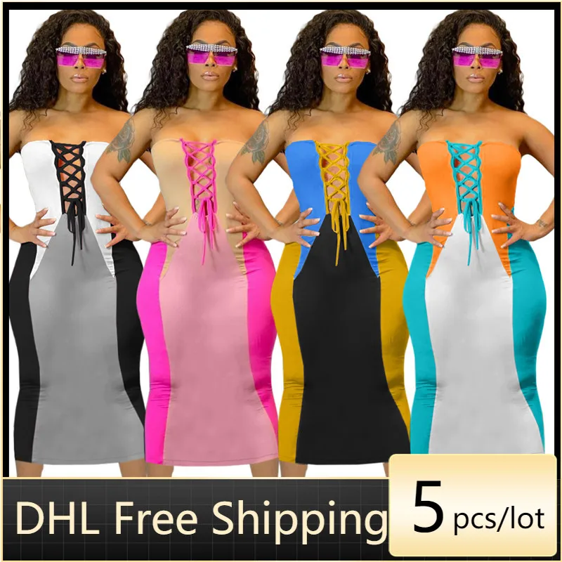 

PROWOW Patchwork Colors Strapless Dress with Straps Off Shoulder Sheath Beach Wear Women's Summer Dresses Wholesale Bulk 7117