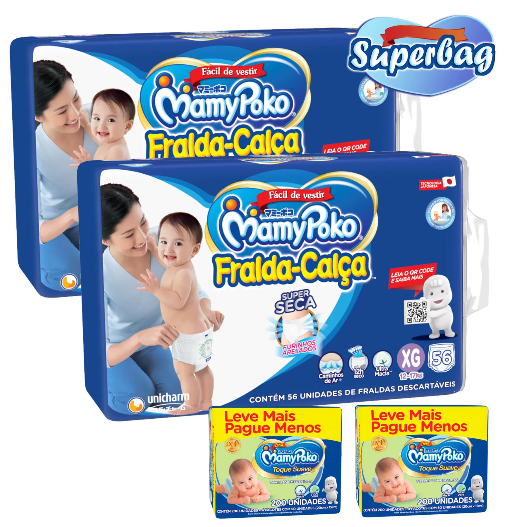 

Kit 02 Super Bag BREAKFLOW Disposable Mamypoko XG - 112 Units + 400 Wet Wipes
