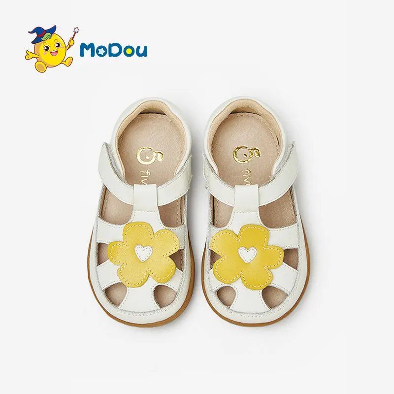 

Mo Dou Girl's Genuine Leather Sandals Baby Soft Sole Lovely Flowers Princess Shoes Non-slip Hook and Loop Toe-wrapped Beach Shoe