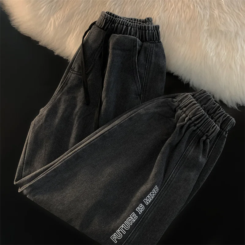 Elastic Waist Leggings Mens Jeans Loose Fitting Trendy Casual Retro Hong Kong Harlan Cropped Pants for Men