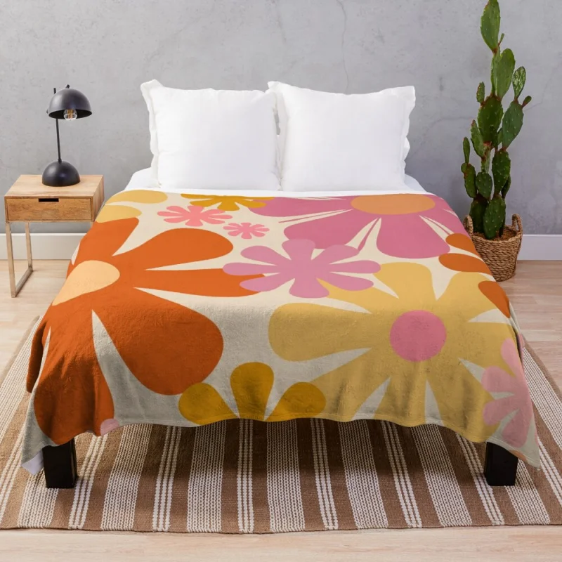 

Retro 60s 70s Flowers - Vintage Style Floral Pattern in Thulian Pink, Orange, Mustard, and Cream Throw Blanket 5 sizes/200x180cm