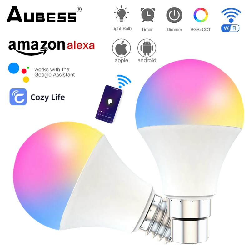 

Aubess Wifi 15W RGB+CCT Smart Light Bulb Dimmable E27/E26/B22 Smart LED Lamp AC85-265V Voice Control Work With Alexa Google Home