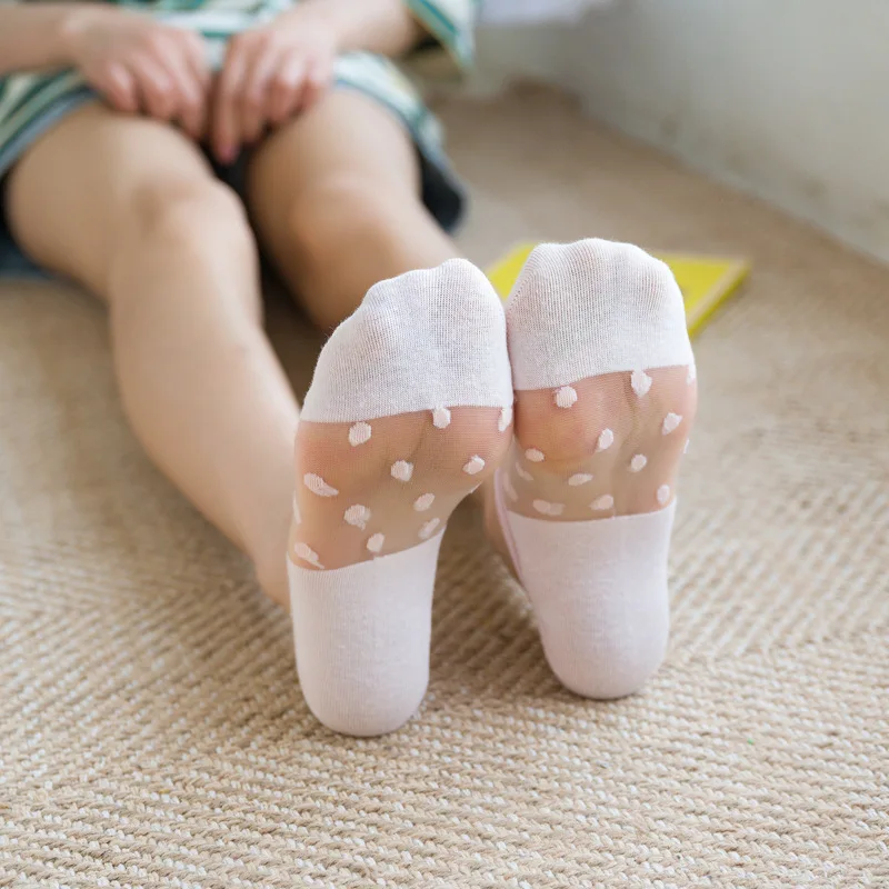 

5pairs Transparent Summer Women Mesh Socks Dots Low Cut Invisible Boat Socks Lace Colorful Nylon Non-slip Sheer Half Thin Socks