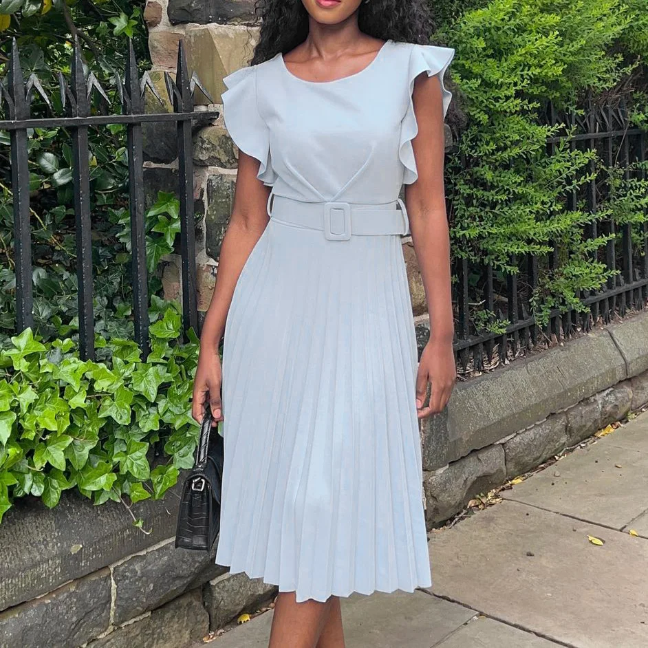 

Женское плиссированное платье, элегантное офисное платье с оборками на рукавах и высокой талией, лето 2022