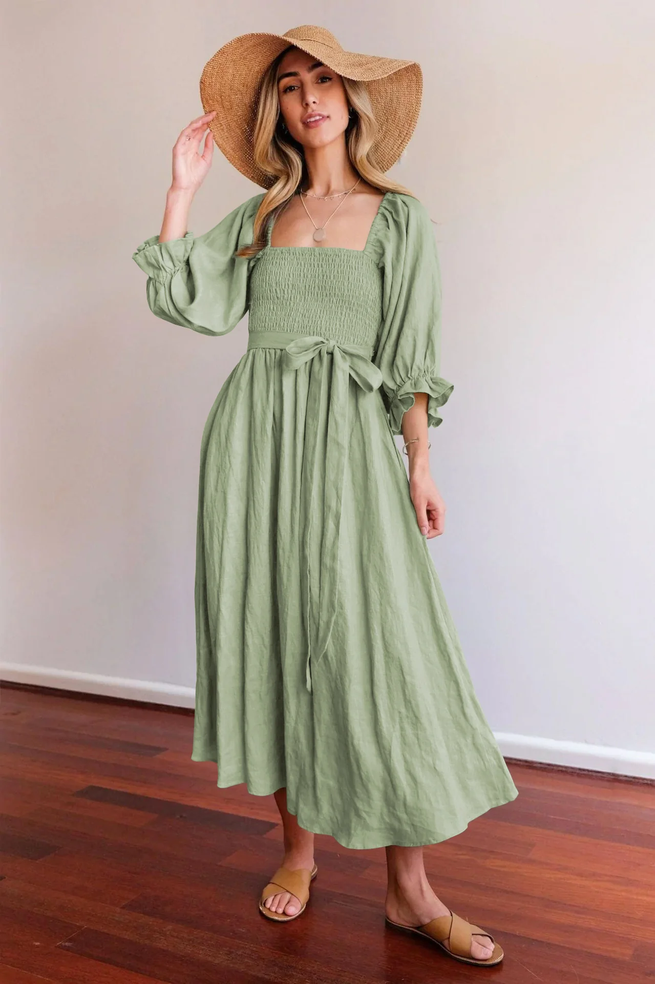 

French Leisure Vacation Style Dress Women's Lantern Sleeve Long Dress Demale Square Neck High Waisted A-line Skirt Strap Design