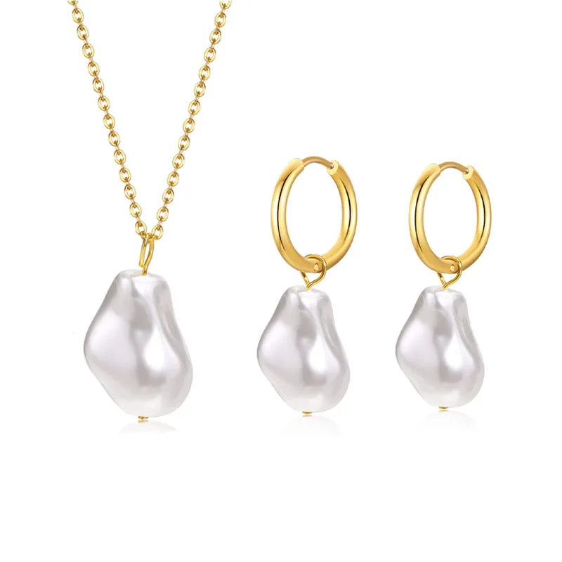 

Elegant Imitation Pearl Pendant Necklace And Hoop Earrings Suit For Women Fashion Stainless Steel Party Jewelry Set