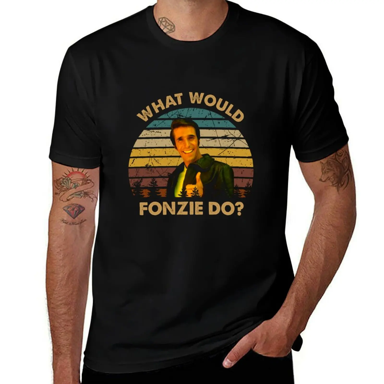 Фото Футболка с персонажем What would Fonzie, одежда в стиле аниме, незаменимая футболка, корейские модные мужские хлопковые футболки №1