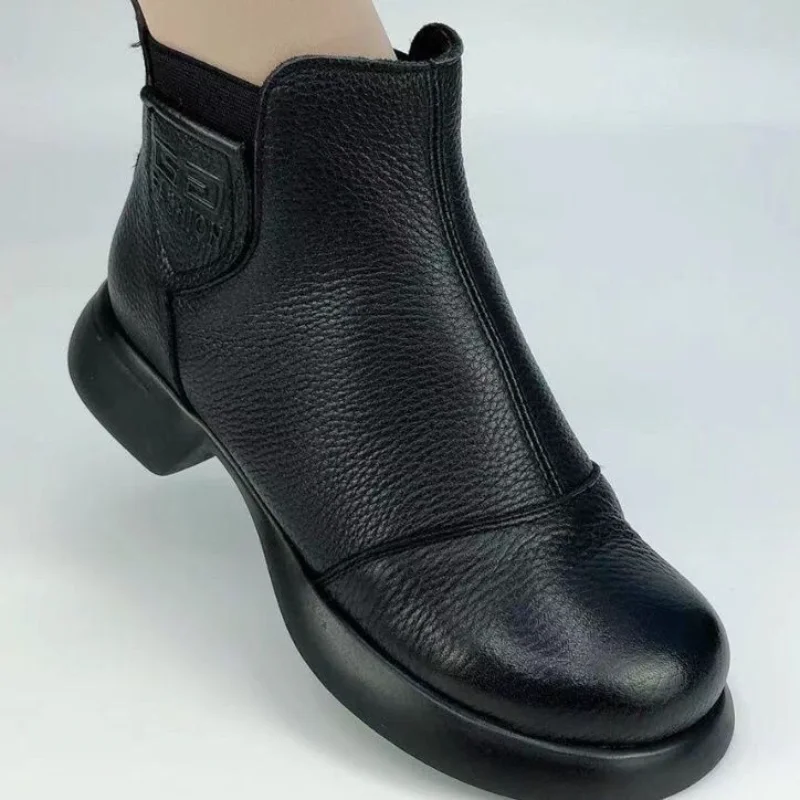 Pu Leather Women's Chelsea Chimney Ankle Boots Mid-top Leather Boots Spring Autumn Fashion British Style Nude Boots