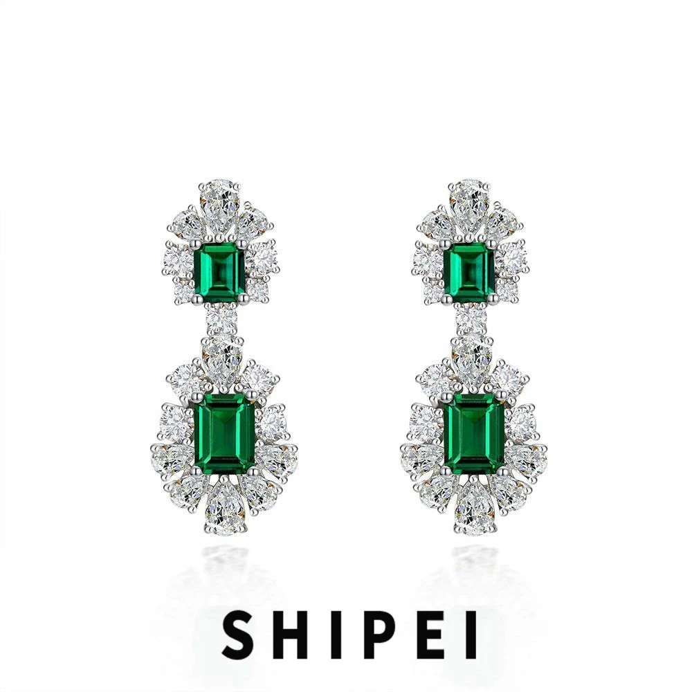 

SHIPEI Classic 925 Sterling Silver Emerald Cut 1.5CT Emerald White Sapphire Gemstone Wedding Engagement Dangle Earrings Jewelry