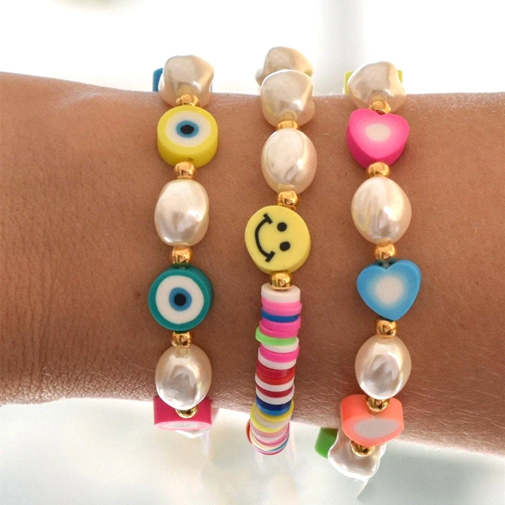 

Go2Boho 3Pcs/lot Pearl Bracelet Set Heishi Smiley Evil Eye Heart Multicolor Beaded Bracelets for Women Summer Eclectic Jewelry
