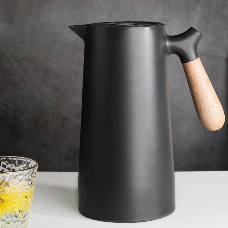 

1000ml Thermal Coffee Carafe Pot, Large Capacity Double Wall Espresso Insulation Kettle Water Bottle Tea with Solid Wood Handle