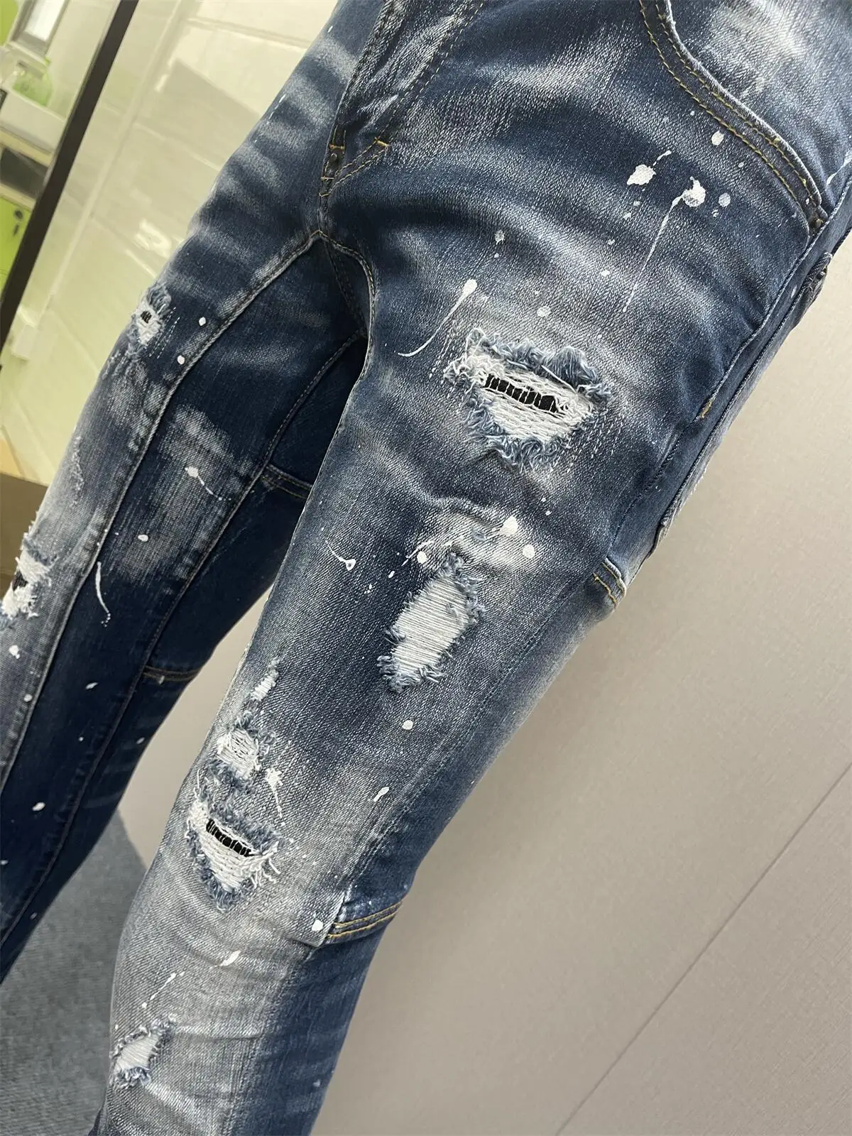 Spring/Summer 2023 New  Jeans Fashion Men Wash Worn Hole Patch Baby blue Gradual Change Small Foot Blue