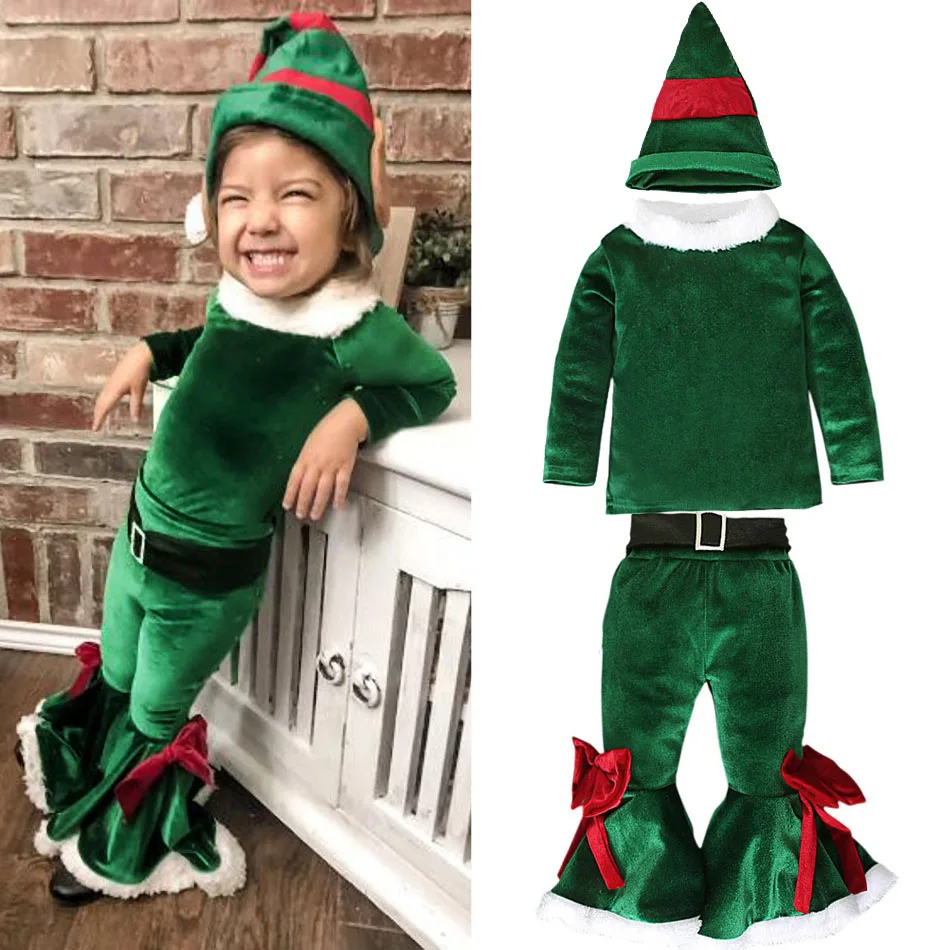 

Комплект детской одежды, Детские эльфы, рождественские топы, расклешенные брюки, шапка, детский Рождественский наряд Санта-Клауса, костюм н...