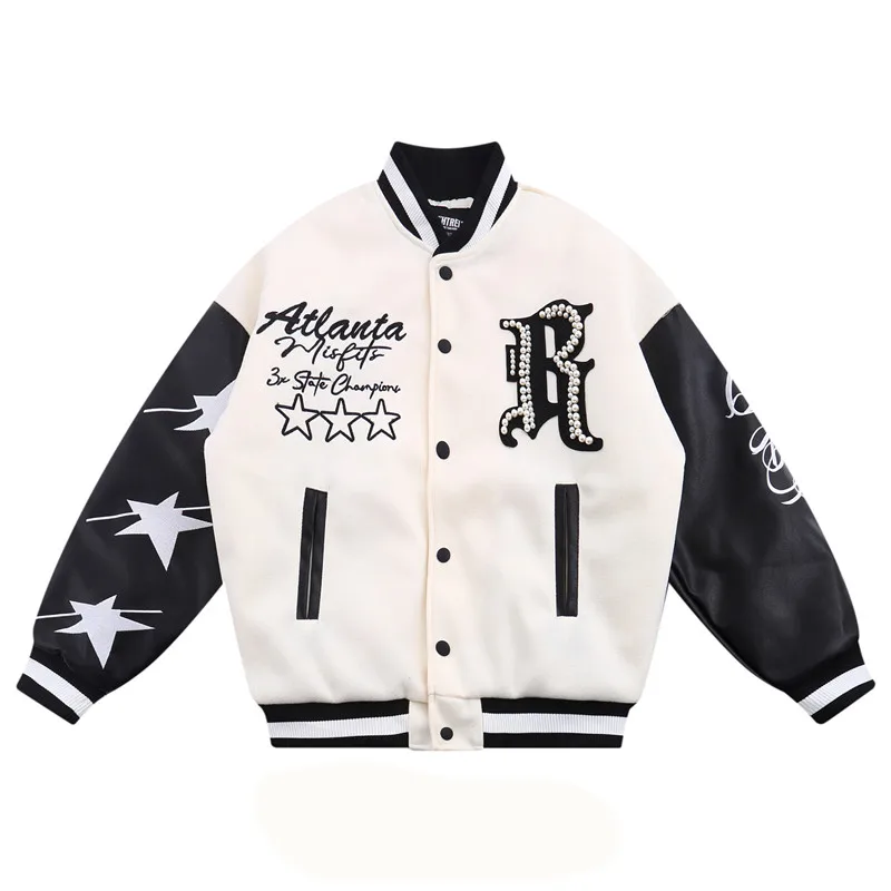 

Winter HipHop Streetwear Baseball Jacket Men Letter Pearl Embroidery Patchwork Varsity Thick Warm Coat Women Harajuku Punk Parka
