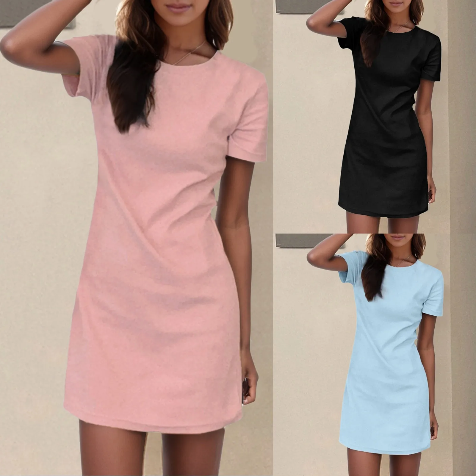 Summer Short Sleeve Dress Solid O-neck Loose Womens Leisure Daily Streetwear Simple All-match Korean Style Chic Casual Dress
