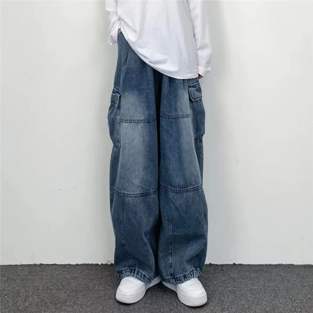 Retro Drape Feeling Loose Fitting Wide Leg Casual Large Pocket Work Clothes Denim Washed New Dad Pants for Men