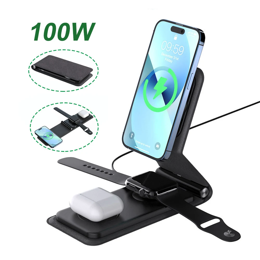 

3 in 1 Magnetic Wireless Charger Pad Foldable 100W Fast Charging Dock Station Stand For iPhone 14 13 12 Airpod iWatch 8 7 6