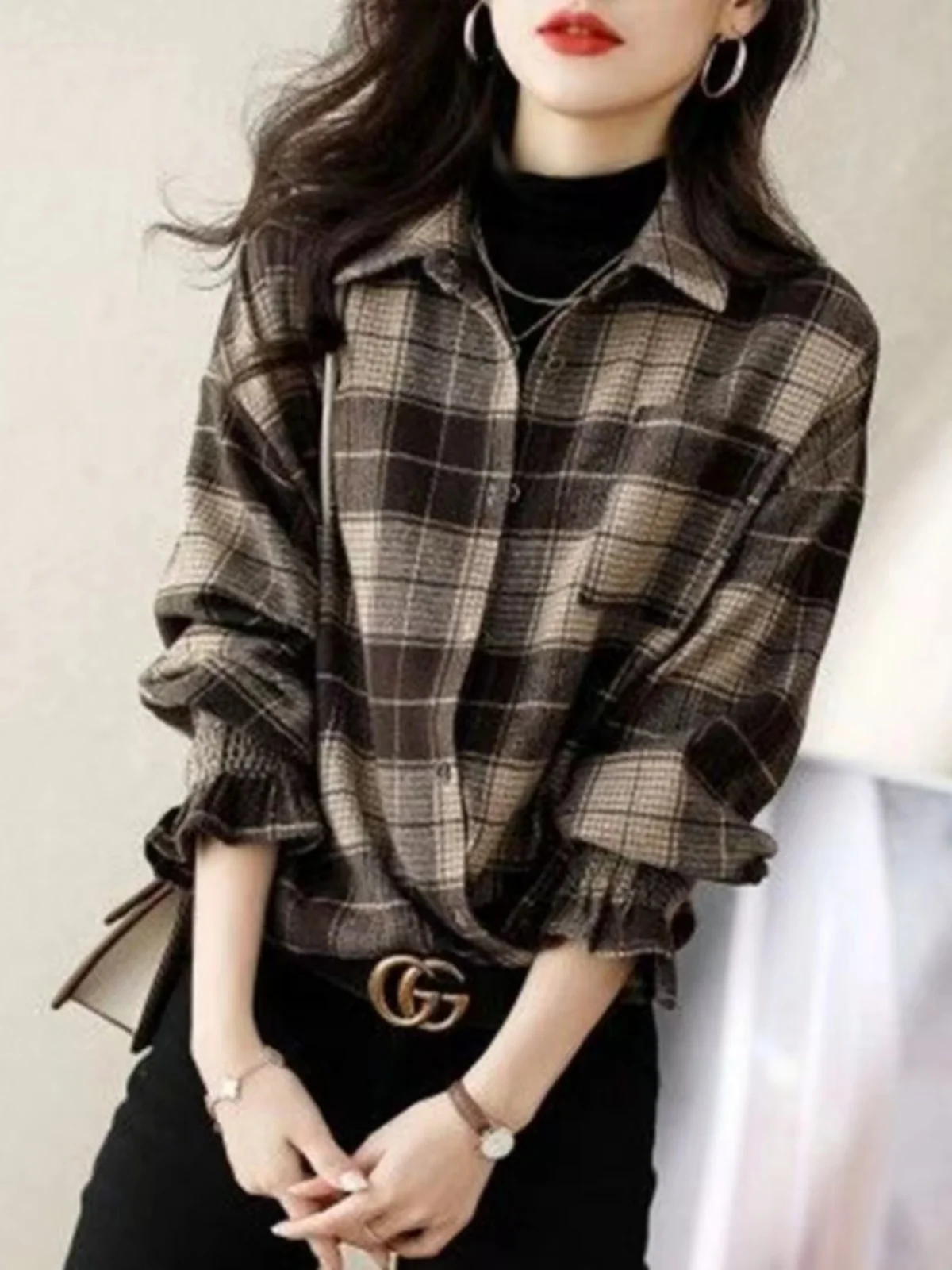 Sanding Plaid Shirts Outerwear Women's Clothes Spring and Autumn Winter 2024 New Elegant Top Shirt Long sleeve