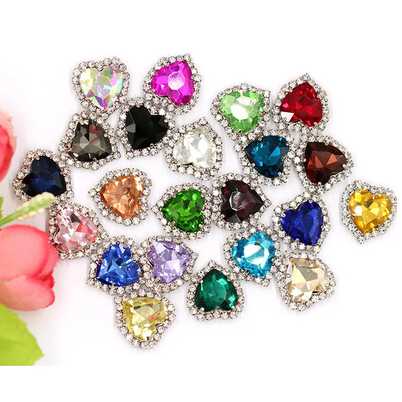 

8/10/12/14/18mm Sewn Crystals Heart Glass Sew on Rhinestones With Silver Base Flatback Apparel Sewing Stones For Diy Clothing