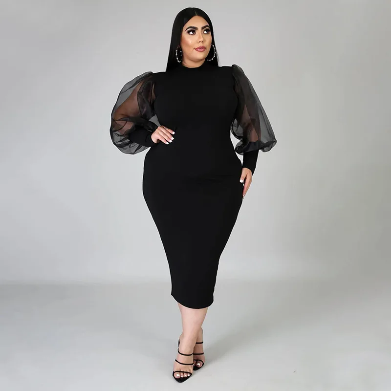 Plus Size Elegant Mesh Dress Women Solid Puff Sleeve Club Cloth Lady Casual Luxury Robe 2023 Summer Trendy Party New In Dress