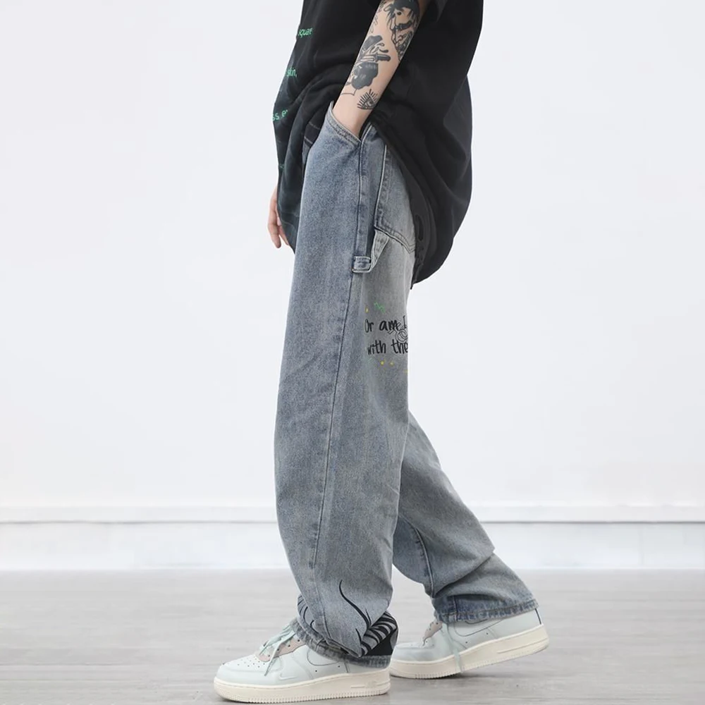 Skull Men Jeans High Street Hip Hop Print Loose Oversize Wide Leg Jeans Unisex Japanese Grafitti Casual Letter Straight