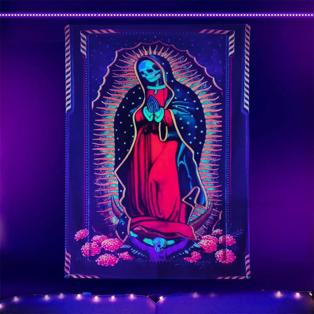 

Гобелен с черепом и волшебником Blacklight, реактивное УФ-излучение, солнце и луна, черная фотоэстетика, украшение для комнаты