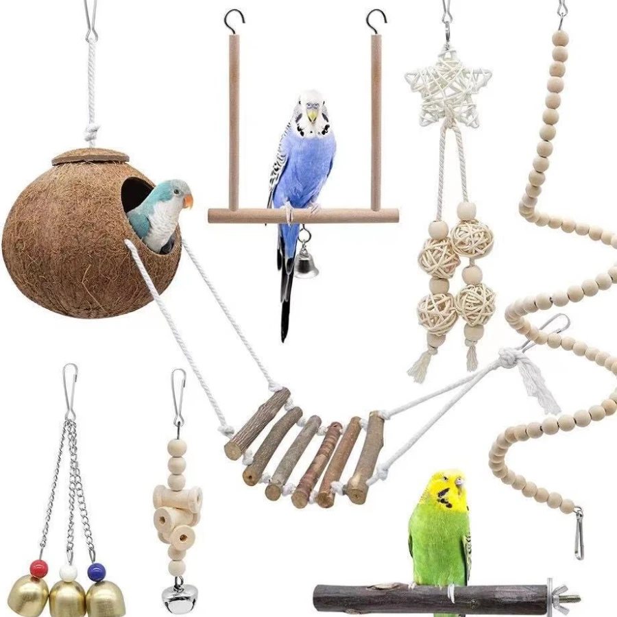 

7pcs Bird Swing Toy Wooden Parrot Perch Stand Playstand with Chewing Beads Coconut Shell Parrot Nest for Budgie Peony Birds