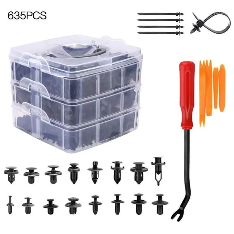 

635pcs Plastic Car Clips Rivets Fastener MultiFunction Clips With Hand Tool Color Random Auto Accessories