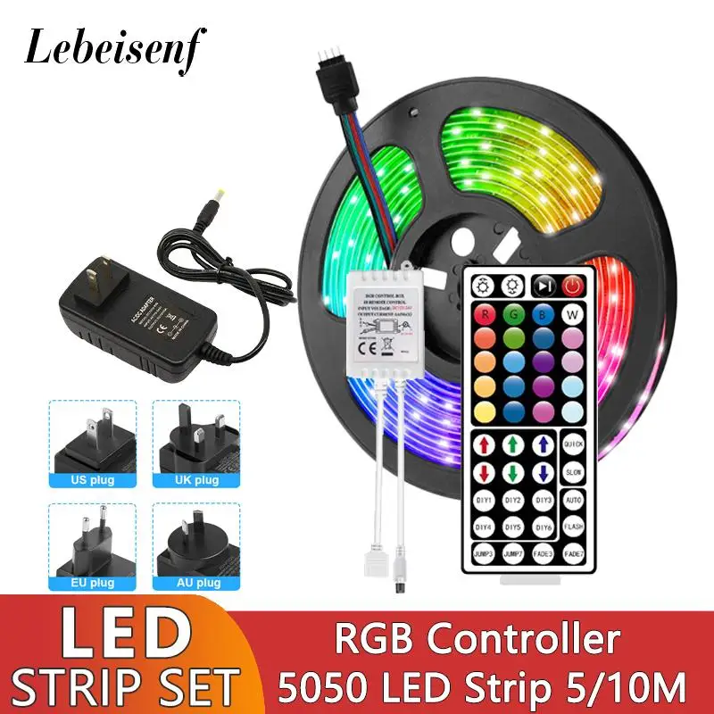 

New SMD 5050 LED Light Color Strip 5M 10M DC 12V 30LEDs/m with RGB Dimmer Controller and 24 or 44 Key IR Remote Control Full Set