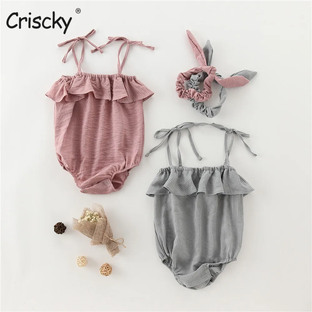 

Criscky Casual Summer Solid Print Halter Rompers Newborn Baby Girls Chiffon Bodysuits Sleeveless Strap Jumpsuits Outfits