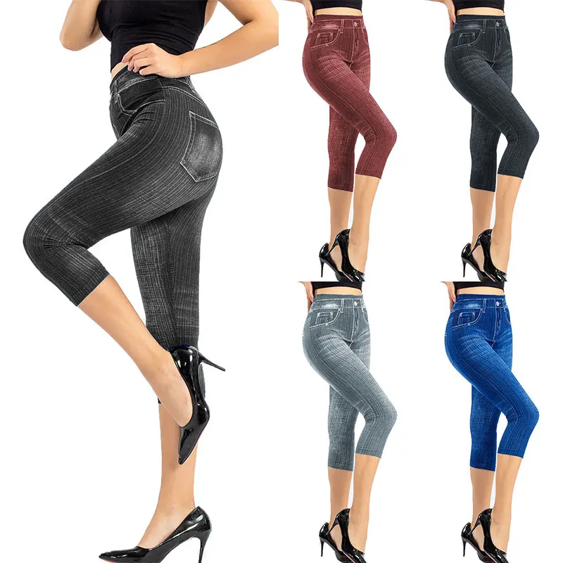 

1 PC Women Denim Print Leggings Trousers Short Summer Breeches Jeans Capripants Stretch Butt Lifting Slim Elastic Fashion