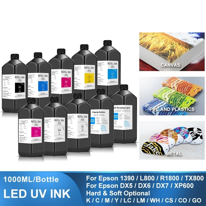 

1000ML LED UV Ink For DX4 DX5 DX6 DX7 DX10 TX800 XP600 Printhead For Epson 1390 L800 L1800 L805 R1800 R1900 UV Modified Printer