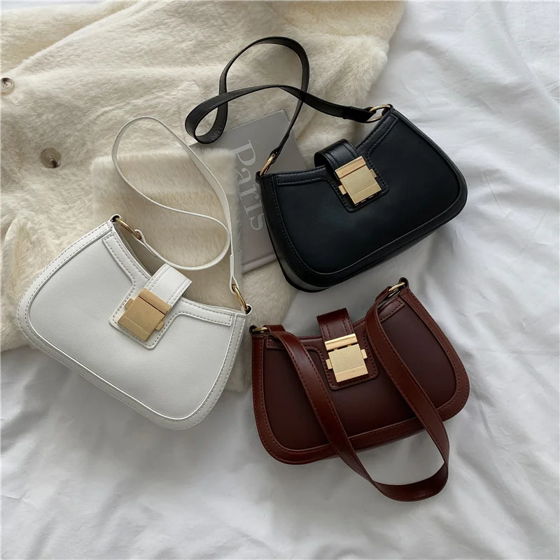 Retro Fashion Ladies Underarm Shoulder Bag Solid Color PU Leather Handbag Female Simple Female Chain Wallet Ladies Handbag