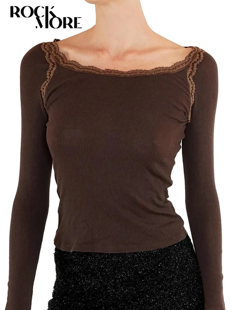 

Rockmore Y2K Brown Lace T Shirt Casual Ribbed Knitted Long Sleeve Basic Top Tee Women Clothes 90s Aesthetics Slim Pullover 2022