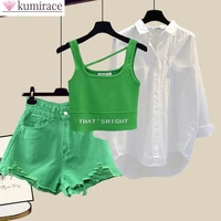 korean popular summer new style worn casual shorts white chiffon shirt green vest bra three piece elegant womens shorts set