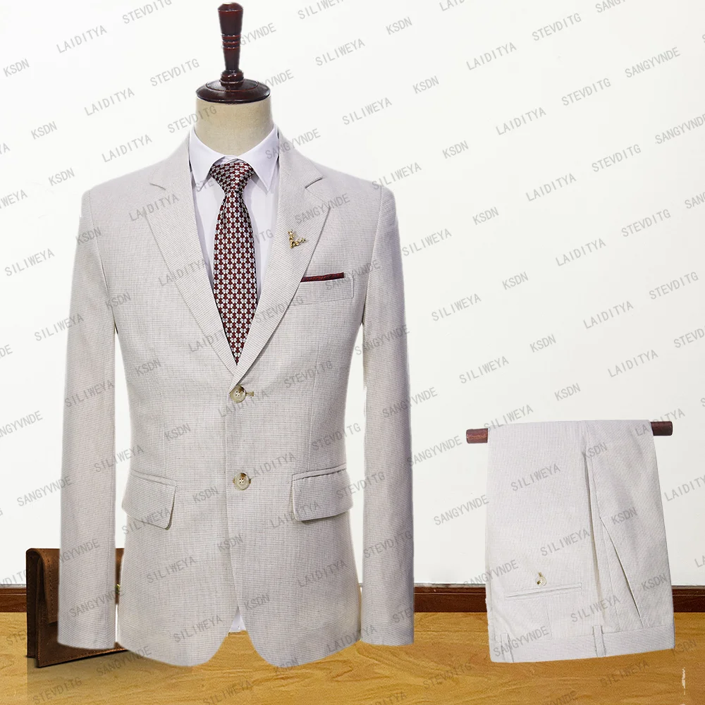 2023 New High End Men Suit 2 Pcs Jacket Pants Summer Business Official Khaki Purity Linen Slim Groom Wedding Dress
